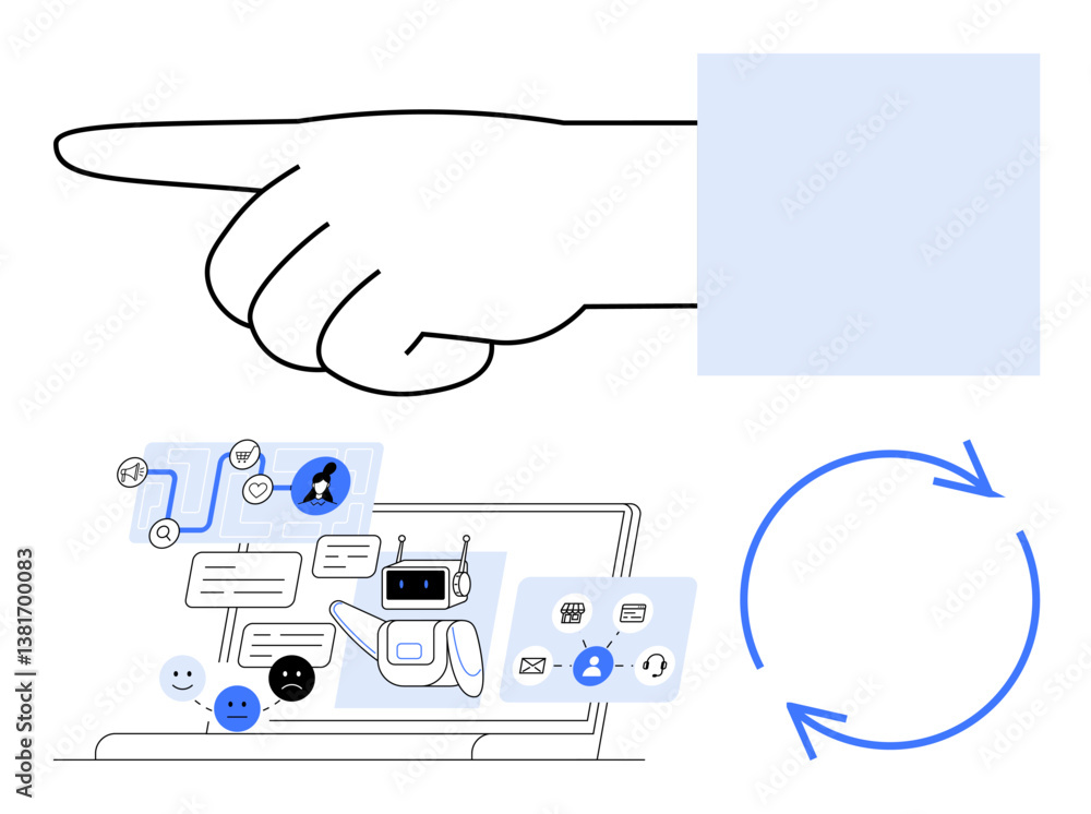 Poster hand pointing towards chatbot interface on laptop, circular arrows for process loop. ideal for ai, a