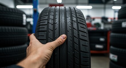 A close-up of a car tire held by a person, highlighting the tread patterns and rubber texture, with stacked tires in the background, perfect for automotive content.