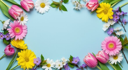 A beautifully arranged collection of vibrant flowers featuring tulips, gerbera daisies, and more, framing a soft blue background. Perfect for spring themes, invitations, and fresh designs.