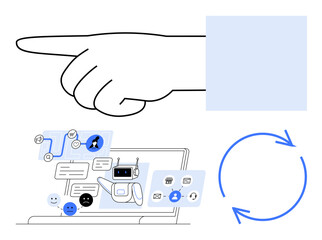 Hand pointing towards chatbot interface on laptop, circular arrows for process loop. Ideal for AI, automation, chat support, workflow, innovation, digital tools feedback cycle. Flat simple metaphor
