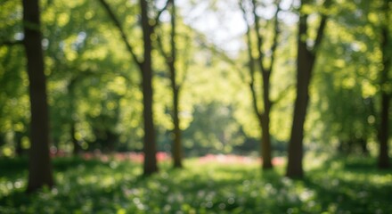 Fototapeta premium A serene scene with blurred trees and lush greenery, evoking peace and a connection to nature, ideal for relaxation, wellness, or outdoor-themed projects.