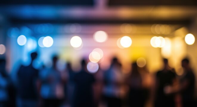 A lively scene of silhouetted people mingling amidst colorful blurred lights, capturing the essence of social gatherings and the spirit of community and interaction.