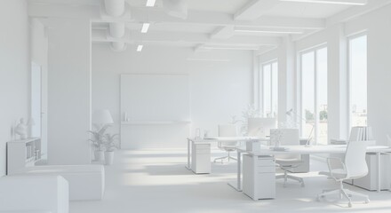 A modern, minimalist office featuring a white palette, sleek desks, ergonomic chairs, and large windows for natural light, fostering design, inspiration, and productivity.