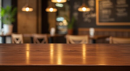 A warm wooden tabletop dominates a cozy café, softly lit by hanging bulbs. The blurred background highlights inviting chairs and lush greenery, creating a comfortable atmosphere.