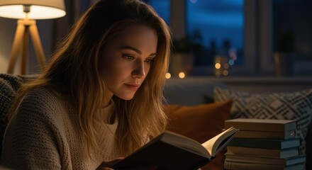 A young woman enjoys reading a book in a cozy living room filled with soft lighting and candle glow. Stacks of books surround her, creating a perfect atmosphere for relaxation.
