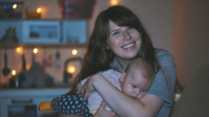 Radiant mother tenderly cradling newborn, soft illumination casting warm glow across domestic...