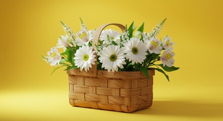 A beautifully arranged bouquet of white daisies and delicate blooms in a woven wooden basket, surrounded by vibrant green leaves, set against a bright yellow background.