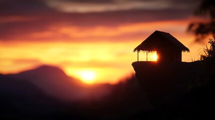 Silhouette of a small hut on a cliff during a vibrant sunset with mountains in the background