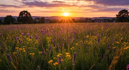 A vibrant field of blooming lavender and wildflowers at sunset, bathed in warm golden light, creating a tranquil atmosphere ideal for nature lovers.