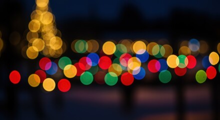 A vibrant display of blurred bokeh lights in warm golden, festive red, green, and blue hues, creating a joyful atmosphere perfect for holiday themes.