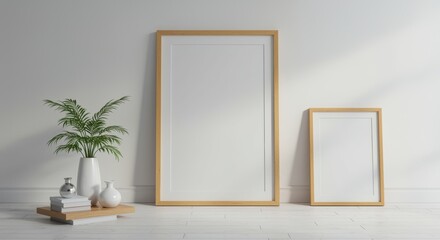 A stylish interior scene featuring two wooden-framed empty picture frames next to a decorative plant and stylish home decor items. Ideal for showcasing art or photography in minimalist spaces.