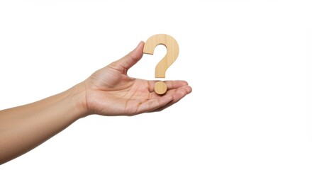 A human hand holds a wooden question mark symbol, representing curiosity, inquiry, and decision-making. This image can symbolize problem-solving or seeking answers in various contexts.