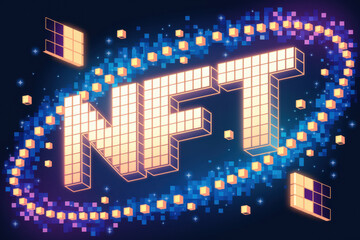 Vibrant Digital Artwork of NFTs with Pixelated Design and Cosmic Background