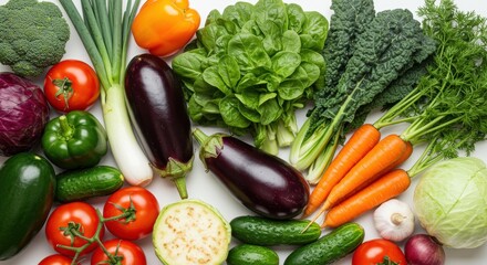 A vibrant assortment of fresh vegetables showcasing a colorful variety. Includes tomatoes, bell peppers, cucumbers, carrots, spinach, and more. Perfect for healthy cooking or dietary content.