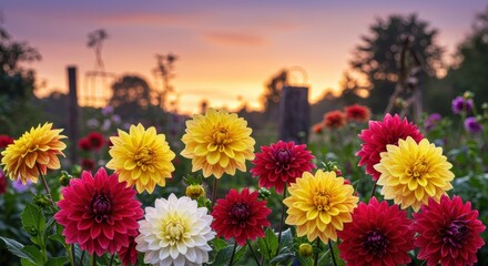A vibrant garden scene with colorful dahlias in shades of yellow, red, and white, set against a soft sunset, creating a serene atmosphere for nature lovers and floral enthusiasts.
