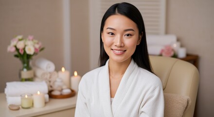 A tranquil spa scene featuring a smiling woman in a white robe, surrounded by soft towels, candles, and fresh flowers, perfect for relaxation and self-care.