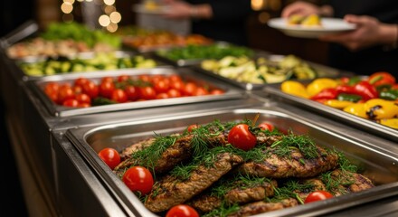 A beautifully arranged buffet features grilled meat adorned with cherry tomatoes and herbs, surrounded by colorful peppers and cucumbers, creating a vibrant culinary display.