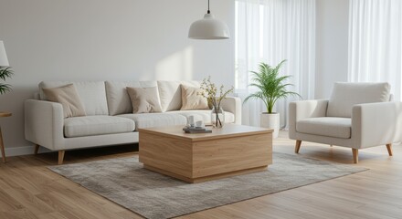 A cozy and modern living room featuring a stylish beige sofa adorned with pillows, a wooden coffee table, and a potted plant. Natural light streams through sheer curtains, creating a warm ambiance.