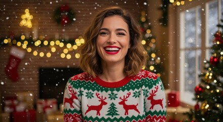 A cheerful woman in a festive red and green sweater with reindeer designs smiles in a cozy holiday setting, surrounded by falling snow and Christmas decorations.