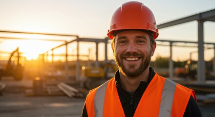 A smiling construction worker in an orange safety vest and helmet stands against a vibrant sunset, showcasing teamwork and progress at a construction site with building structures in the background.
