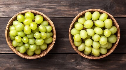 Two baskets of green grapes presented on a wooden table