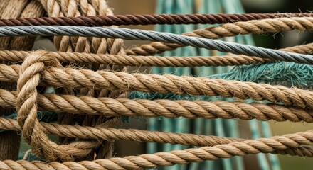 An artistic display of colorful, intertwined ropes made from natural fibers and metallic wire, highlighting craftsmanship for construction or nautical themes.