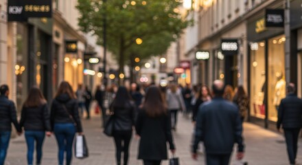 A lively urban street scene filled with shoppers strolling past stylish boutiques and cafes, surrounded by green trees that add a refreshing touch to the vibrant atmosphere.