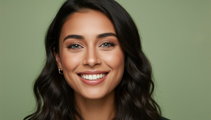 A smiling young woman with long, wavy hair stands against a soft green background, exuding positivity and confidence, perfect for lifestyle and beauty concepts.