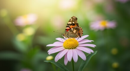 Fototapeta premium A vibrant butterfly rests on a blooming flower, showcasing intricate patterns and colors, set against a soft background that evokes tranquility and harmony in nature.