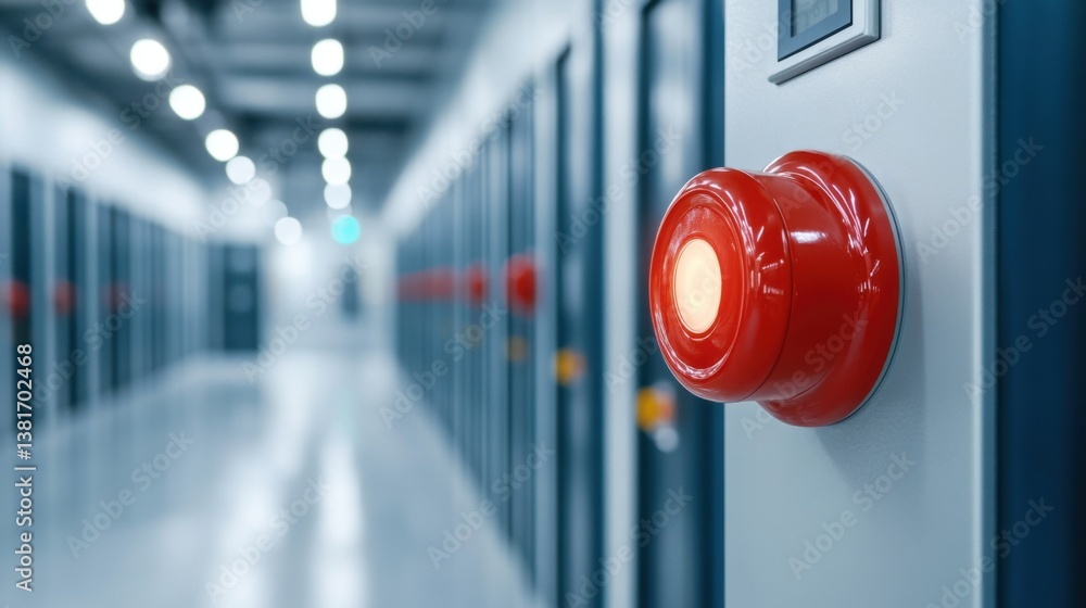 Poster red emergency button in modern storage facility with hallway and blurred background for safety and s