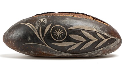 Decorated loaf of bread showing intricate floral and leaf designs