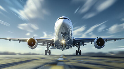 Fototapeta premium Photorealistic image of an airplane landing, showcasing dynamic motion blur to capture speed and excitement