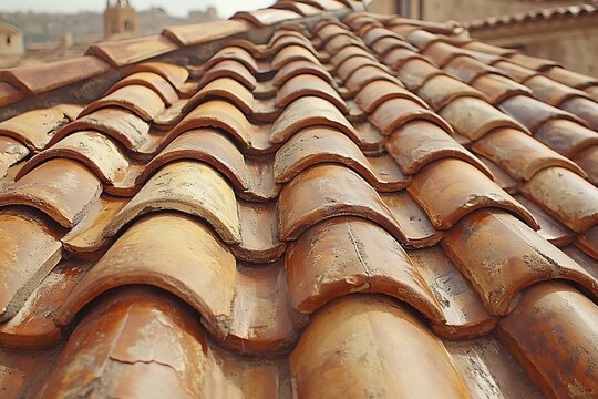 Close up view of terracotta roof tiles on a building