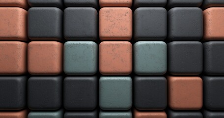 Fototapeta premium A collection of concrete blocks stacked together, showcasing a variety of textures and colors including dark gray, rusty orange, and muted green