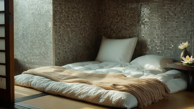 Minimalist interior design of modern Japandi bedroom with futon bed and serene natural light
