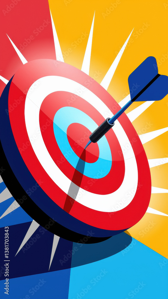 Poster dynamic dart hitting the bullseye on a vibrant target with energetic background colors