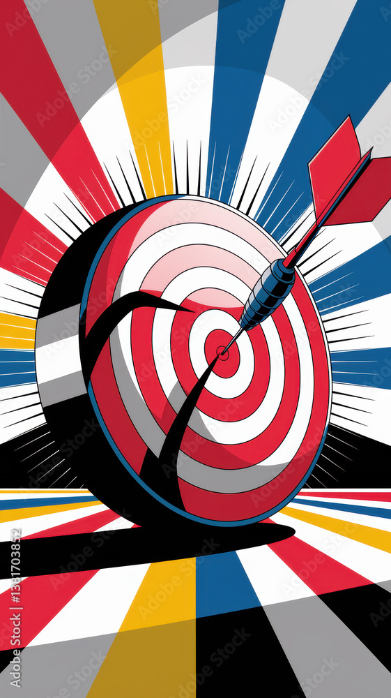 Poster dynamic dartboard with red dart hitting the target surrounded by vibrant radiating colors