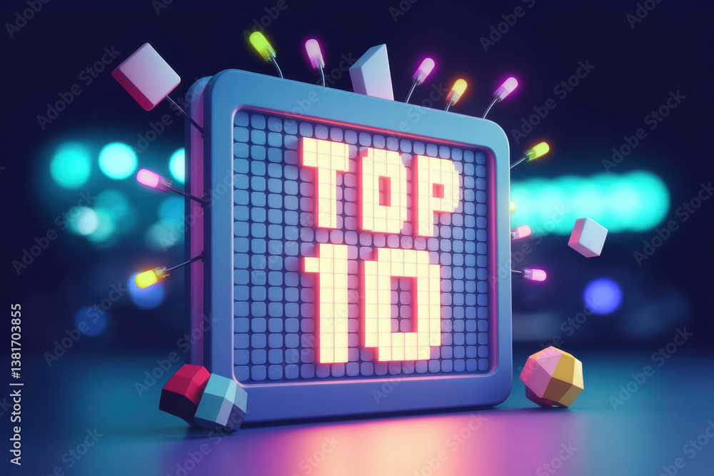 Poster dynamic top 10 ranking display with colorful light effects and geometric shapes