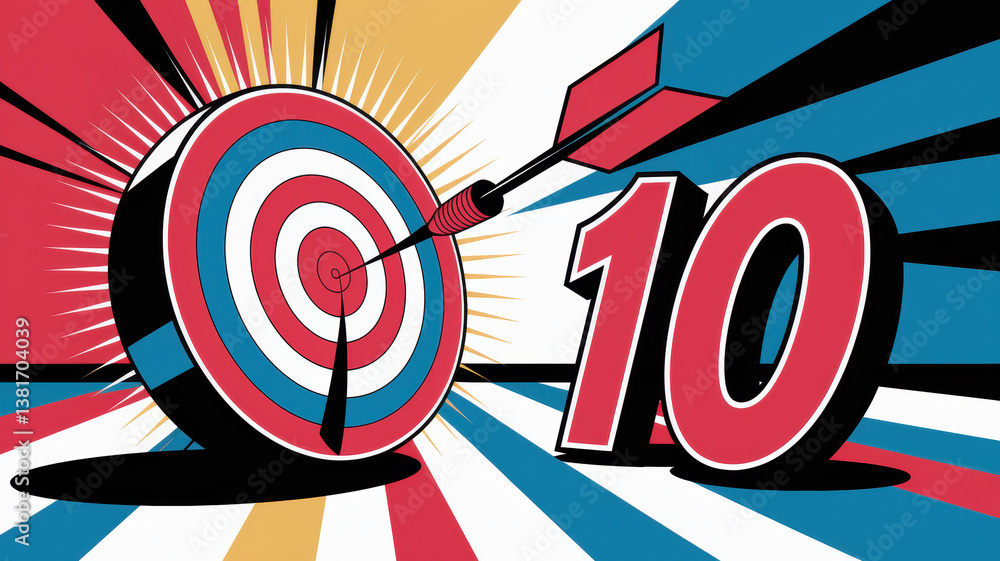 Poster dynamic target with dart hitting the bullseye and '10' score in vibrant retro colors