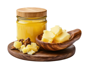 Overhead cooking transforming ghee butter at home isolated on transparent background, png