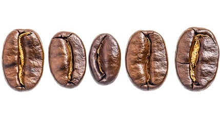Five whole roasted coffee beans aligned with a white background