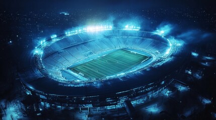 A futuristic stadium design shines in blue light, highlighting the blend of modern architecture and technology in sports venues, fostering an inviting atmosphere for urban communities