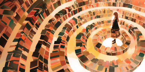 図書館で本を探す女性。イラスト。水彩画。バナー素材。