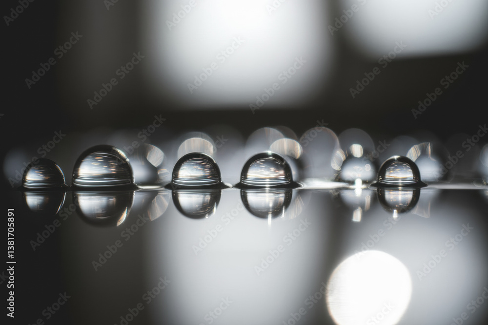 Poster Elegant Macro Shot of Raindrops Reflected on Glossy Surface with Soft Bokeh Background