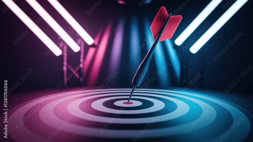 Poster precision dart hitting the center of target with neon lights in a dramatic setting