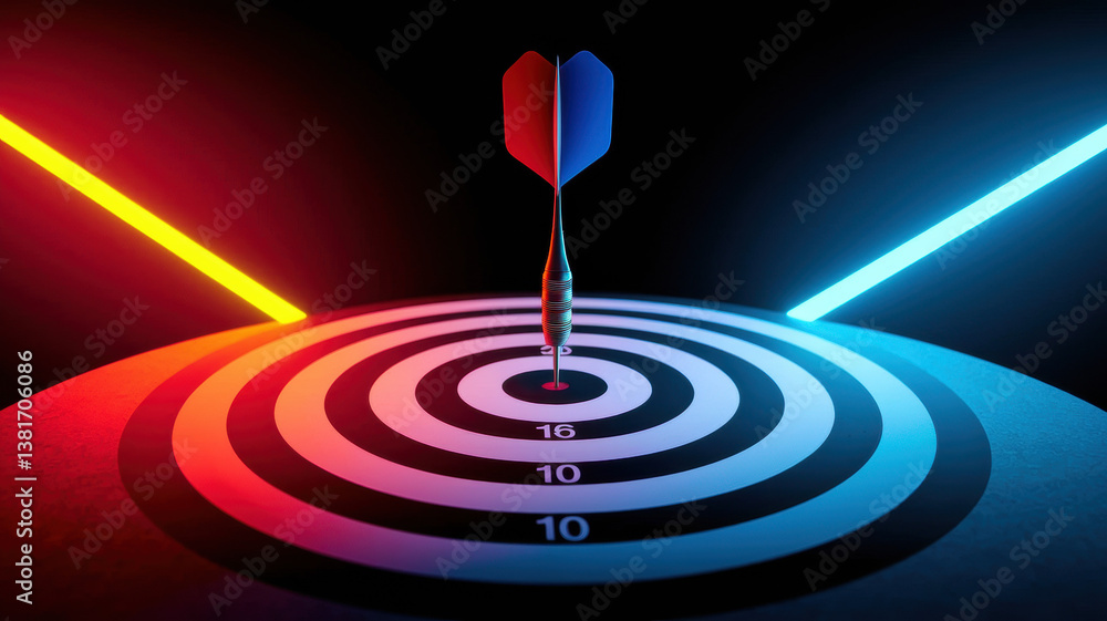 Poster precision target with dart in vibrant red and blue glow highlighting it amidst dark background