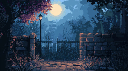 Pixel art game background or cartoon in pixel art style with trees, arch, ruins, bushes and nature. Pixel art retro game level, 8 bit 2d video game background, moon, halloween