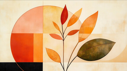 Minimalist abstract art with a very airy composition featuring geometric shapes and organic leaf silhouettes Incorporate thin spaced curved lines semicircles and ar