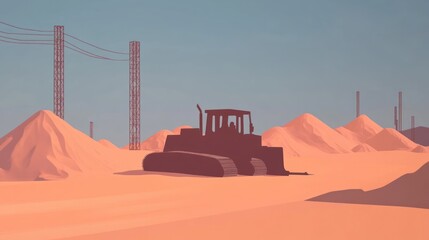 Silhouette of a Construction Vehicle in a Desert Landscape with Power Lines and Sand Dunes
