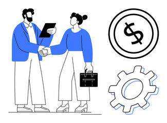 Business professionals shaking hands over contract, dollar sign symbolizing finance, gear suggesting productivity. Ideal for partnership, teamwork, negotiation, finance, development, management